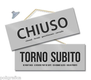 MAXI Schild GESCHLOSSEN/SOFORT ZURÜCK 28,5x10 cm SILBER Bausatz mit Kette und Saugnapf  - Bild 1 von 1