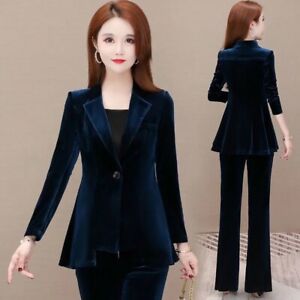 Lady Retro Velvet Blazer Jacket Coat Pants Suit Formal Business Set Plus Size