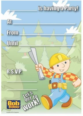 Bob the Builder Party Invitations Kids Birthday 20x Invite Sheets and Envelopes - Image 1 of 2