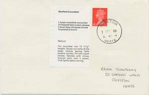 GB 1969 Stamps for Cooks text-pane Stuffed Cucumber (w one 4D stamp) FDC ROYSTON - Picture 1 of 2