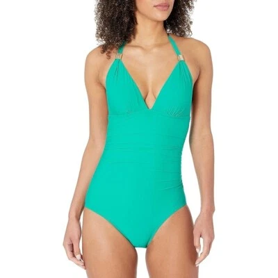 Traje de baño halter de una pieza fruncido verde 12 Calvin Klein para mujer nuevo con etiquetas Foto 1 de 2