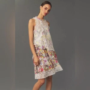 NWT By Anthropologie Lace-Back Tiered Mini Dress Floral Halter Lace Mini Size M - Picture 1 of 10