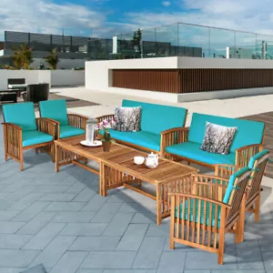 8PCS Wooden Patio Conversation Set Outdoor Furniture Set w/ Cushions Turquoise - Picture 1 of 7