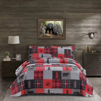 Queen Size Rustic Quilt Set – Red & Black Plaid, Lightweight Reversible Bedding - Image 1 of 4