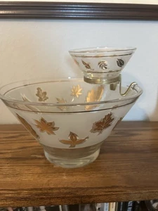 Vintage 1970s Libbey’s Golden Foliage Chip & Dip Glass Bowl Set With Bracket - Picture 1 of 12