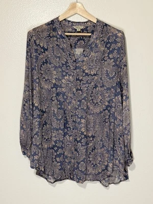 Camisa Top Lucky Brand Azul Paisley Botón Pintuck Talla 2X Boho Negocios Informal Foto 1 de 4