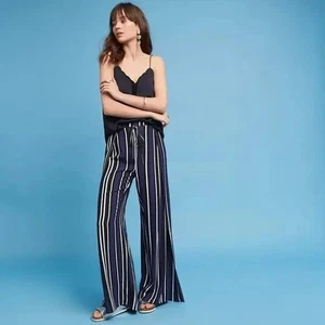 Anthropologie Maeve Pants Womens Size Small Split Wide Leg Striped Blue Pull On - Picture 1 of 11