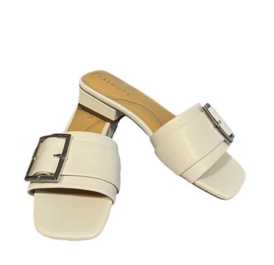NEW Talbots White Leather Sz 5 Chunky Silver Buckle Low Heel Slides Sandals - Image 1 of 4