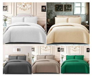 3 Piece Quilted Bedspread Set Embossed Bed Throw Bedding Single Double King Size - Picture 1 of 28