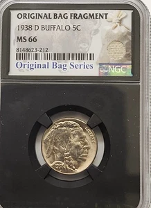 1938 D NGC MS66 RARE!!! BUFFALO NICKEL ORIGINAL BAG FRAGMENT 5C BLACK HOLDER - Picture 1 of 2