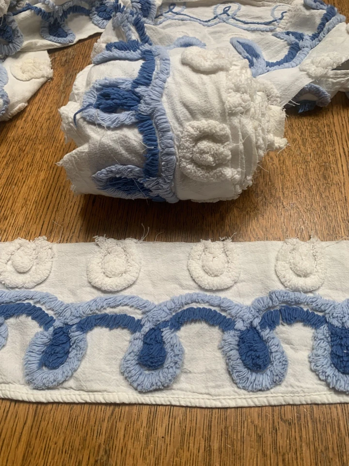 2 1/2 Yd - Vintage blue White Swirl   Chenille Bedspread border fabric - Image 1 of 1