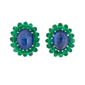 Oval Cabochon Lab Sapphire & Syn Emerald Stud Earrings 925 SS Luxury Jewelry - Picture 1 of 4