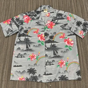 Winnie Fashion Hawaiian Shirt Mens XL Gray Camp Casual EUC Rainbows Colorful - Picture 1 of 19