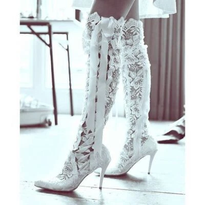 Sexy botas altas hasta la rodilla de encaje estilo americano occidental para mujer tacones de aguja altos cremallera Foto 1 de 4