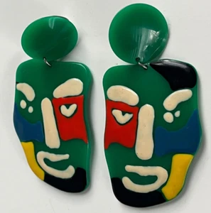M Missoni 1980er grün Clown Gesicht Ohrringe Clip-On 3,5" Kunststoff Retro Italien 3-028 - Bild 1 von 8