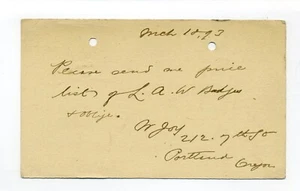 Portland OR 4" X 6" 1893 postal de negocios, M. Joy 212 7th South - Imagen 1 de 2