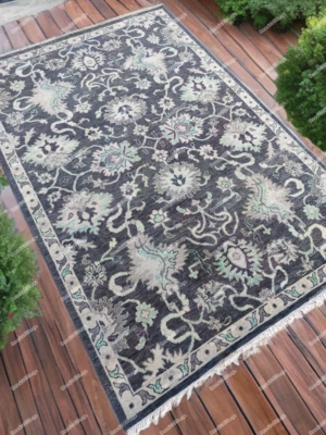 Black & White With Green Hand Knotted Oushak Rug Wool Rug For Bedroom Office - Image 1 of 4