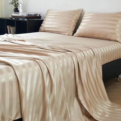 3/4 Piece Bed Sheet Set Striped Satin Silky Sheets Deep Pocket Wrinkle Resistant - Image 1 of 4