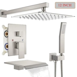 Brushed Nickel Shower Faucet Set Tub Spout 12 in Rain Head Combo with Valve Kit - Picture 1 of 12