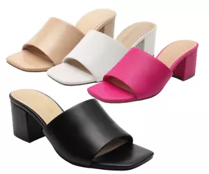 Women Square Open Toe Slide Sandals Low Chunky Block Heel Dress Heel Sandals - Picture 1 of 22