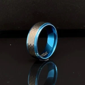 Classic 8mm Tungsten Ring Blue Enamel Detail & Hammered Finish Unisex Band - Picture 1 of 4