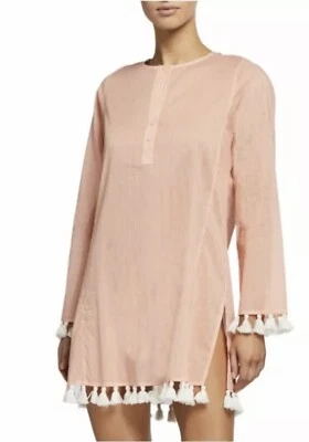 Vestido de algodão Tory Burch tamanho M túnica de praia areia listra laranja borla - Imagem 1 de 4