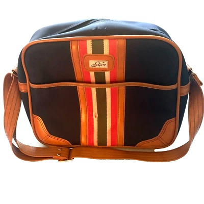 SKYWAY Vintage Retro Luggage Blue Stripe Carry-On Travel Bag Shoulder Strap - Image 1 of 4