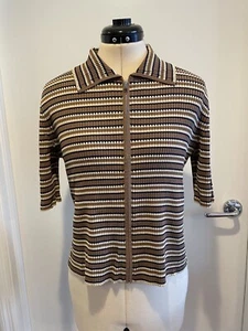 Theory Brown Striped Full Zip Cropped Cardigan Sweater Top Sz L - Picture 1 of 10