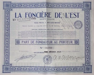 Lot de 2 : La Foncière de l'Est & du Littoral Part de Fondateur au porteur 1926 - Foto 1 di 2
