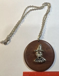 Vintage Clown Pendant Necklace Wood Disc w/ Silver Tone Face 1970s Style 24” - Picture 1 of 7