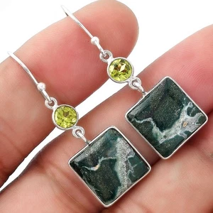 Pendientes de plata de ley 925 de jaspe y peridoto larsonita natural joyería E-1002 - Imagen 1 de 5