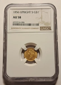 1856 TYPE 3 GOLD $1 NGC AU58 RARE UPRIGHT 5 VARIETY INDIAN PRINCESS HEAD DOLLAR - Picture 1 of 6