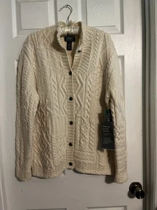 Vtg. Lauren Ralph M Cream Cable Hand knit Cardigan 100% Wool Sweater Women New - Picture 1 of 7