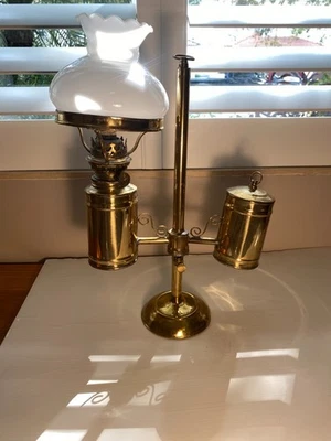 Vintage brass double arm student kerosene oil lamp - Image 1 of 4