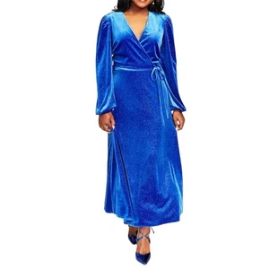 Kasper Samt Faux Wickel Glitzer Midikleid royalblau Gürtel Party Gr. XXL - Bild 1 von 8