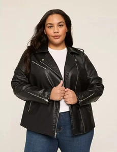 Plus Size 14/16 Black Faux Leather Moto Biker Jacket Silver zippers Lane Bryant - Picture 1 of 12