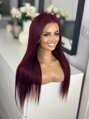 Burgundy Maroon Red Wine 150% 18” 24” 13x6 Lace Front 100% Human Long Hair Wig - Image 1 of 4