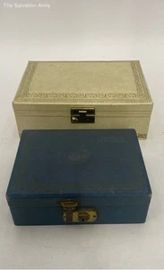 Vintage Blue Ivory Velvet Lining Locking Compartments Jewelry Box Lot Of 2 - Picture 1 of 7