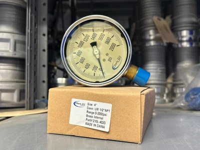 CHEM OIL 4 Inch LM 1/2" NPT LIQUID FILLED 2000 PSI Pressure Gauge 210L-402O - Image 1 of 2