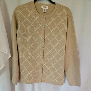 Vintage Talbots Button Front Cardigan 100% Wool Faux Pearl Embellishments Size L - Picture 1 of 8