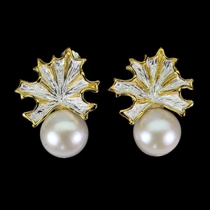 925 Sterling Silver Earrings Baroque Pearl 11mm Handmade Natural Leaf Jewelry - Picture 1 of 13