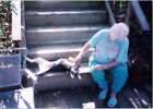 Vintage Found Photo - 1990S - Old Woman Plays With Dog Rubs Belly On The Stairs