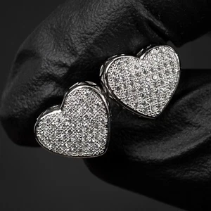Women's Large White Gold 925 Sterling Silver Micro Pave Cz Heart Stud Earrings - Picture 1 of 6