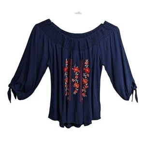 Westport Top Women Petite X-Small Off Shoulder Boho Navy XS Embroidered Flowers - Picture 1 of 7