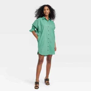 WOMEN'S OVERSIZE M DRESS GREEN LINEN COTTON MINI SHIRTDRESS LG SLEEVE-UNIVERSAL - Picture 1 of 3