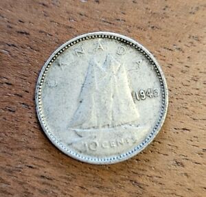1945 Canadian Silver Dime (10 Cents Coin) George VI