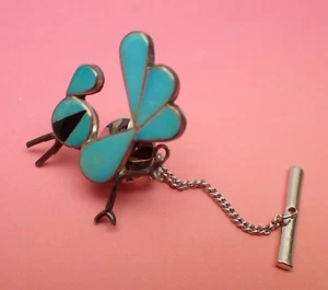 Pin Zuni Edaakie Roadrunner Pájaro Turquesa Ónix Incrustación Solapa Tie Tac 925 Esterlina - Imagen 1 de 5