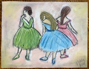 Ballet dancers color dresses 8.5 x 11 unprotected chalk drawing mostly pink - Picture 1 of 5
