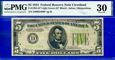 1934 $5 Federal Reserve Note Star PMG 30 Cleveland Light Green Seal - Image 1 of 2