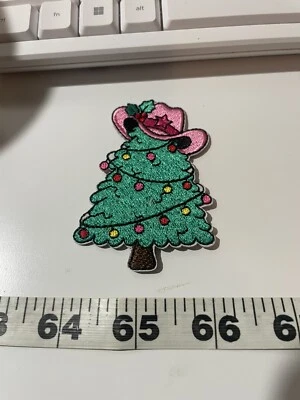 Western Cowgirl Christmas Tree Embroidered Iron On Patch Pink Hat Girl New - Image 1 of 3